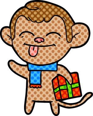 Bir insan tarafından çizilmiş Noel hediyeli komik çizgi film maymunu.