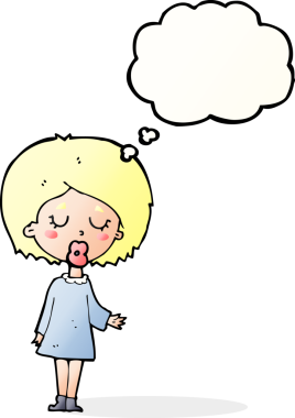 Çizgi filmdeki kadın bir insan tarafından çizilmiş düşünce balonuyla anlatmak istediği şeyi anlatıyor.