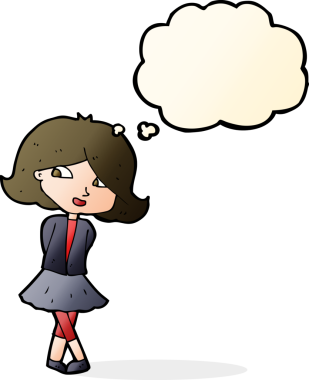 Bir insan tarafından çizilmiş düşünce balonlu mutlu kız çizgi filmi.