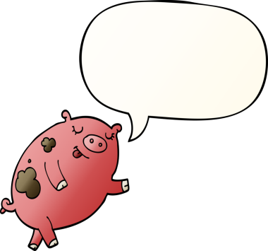 Bir insan tarafından çizilmiş, konuşma baloncuklu çizgi film dans eden domuz.