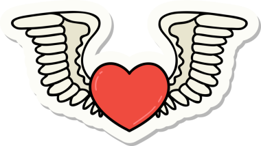 Bir insan tarafından çizilmiş kanatlı bir kalbin geleneksel stiliyle dövme çıkartması.