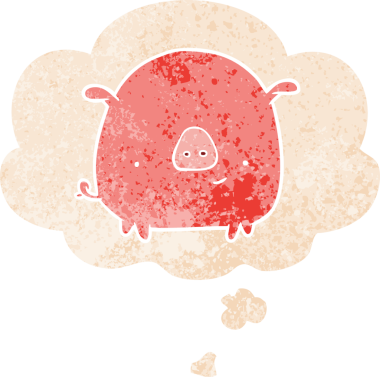 Homurdanan düşünce baloncuklu çizgi film domuzu bir insan tarafından çizilmiş dertli retro stili.