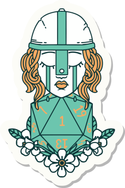 Ağlayan bir insan dövüşçüsünün çıkartması. Bir insan tarafından çizilmiş doğal bir D20 rulosu.