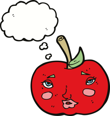 bir insan tarafından çizilmiş, yüzü düşünce baloncuğu olan çizgi film elması