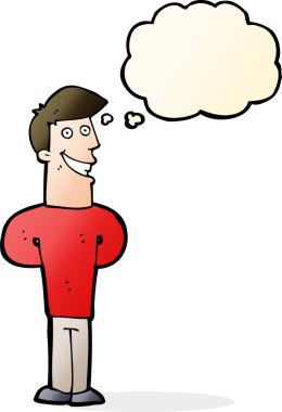 Bir insan tarafından çizilmiş düşünce baloncuğu ile sırıtan çizgi film adamı.