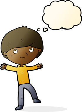 Bir insan tarafından çizilmiş düşünce baloncuğu olan heyecanlı çocuk.