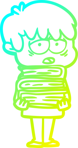 Bir insan tarafından çizilmiş kitabı tutan bitkin bir çocuğun çizgi film çizimi.