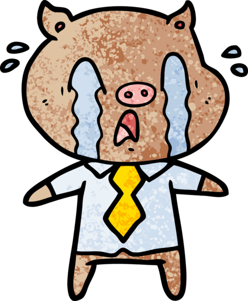 Bir insan tarafından çizilmiş insan kıyafetleri içinde ağlayan domuz çizgi filmi.