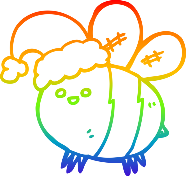 Gökkuşağı gradyan çizgisi bir insan tarafından çizilmiş noel şapkası takan sevimli bir çizgi arının çizimi