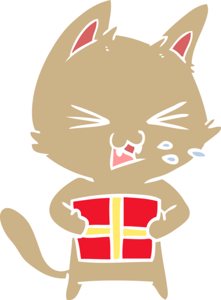 Düz renkli çizgi film tıslayan kedi Noel hediyesi bir insan tarafından çizilmiş.