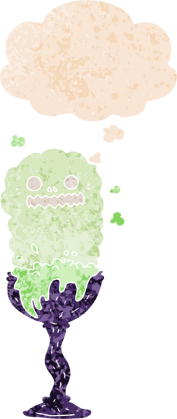 Bir insan tarafından çizilmiş, grunge dertli retro dokuma tarzlı düşünce baloncuğu ile karikatürlü Cadılar Bayramı iksiri bardağı.