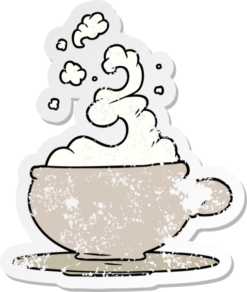 Bir insan tarafından çizilmiş sıcak bir fincan çay karikatürünün sıkıntılı çıkartması.