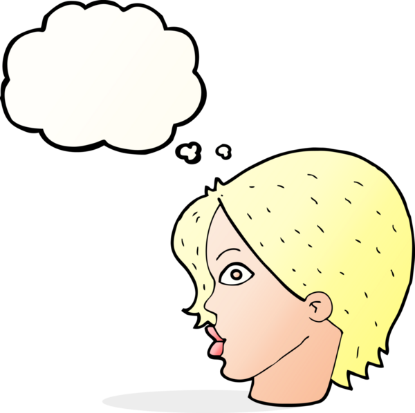 Bir insan tarafından çizilmiş düşünce baloncuğuyla dik dik bakan kadın yüzü.