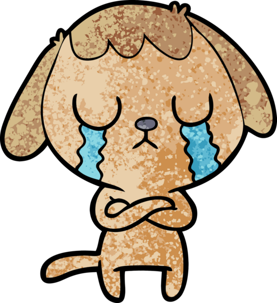 Bir insan tarafından çizilmiş şirin bir çizgi film köpeği ağlıyor.