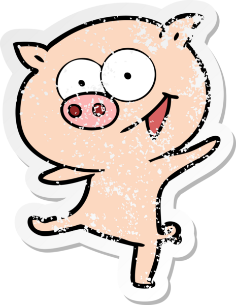 Bir insan tarafından çizilmiş neşeli bir domuz çizgi filminin hüzünlü çıkartması.