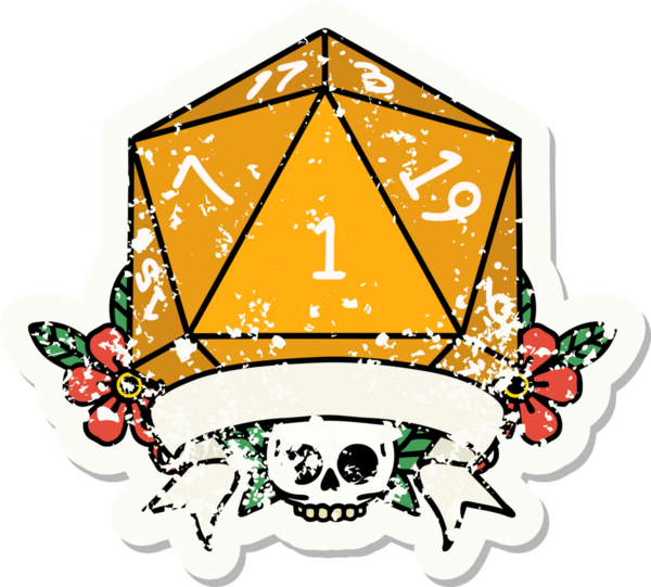 Bir insan tarafından çizilmiş doğal bir d20 zarının grunge çıkartması.