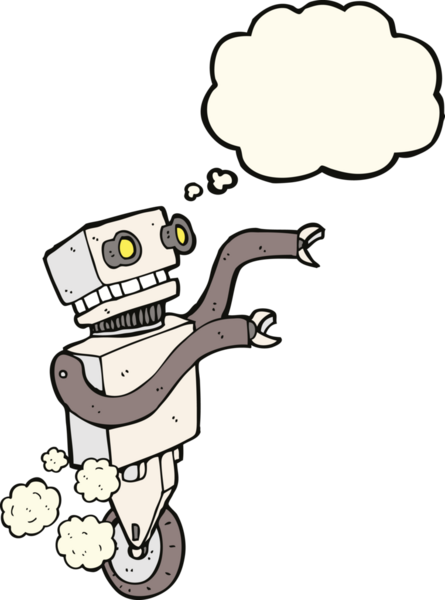 Bir insan tarafından çizilmiş düşünce baloncuklu komik robot.