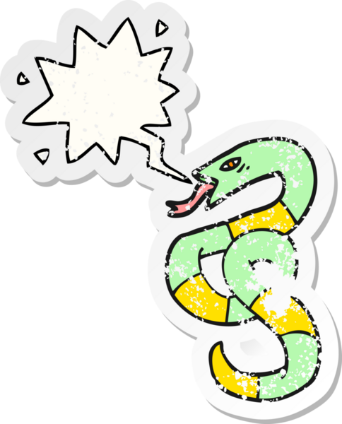 Konuşma balonlu tıslayan çizgi film yılanı bir insan tarafından çizilmiş sıkıntılı eski bir çıkartma.