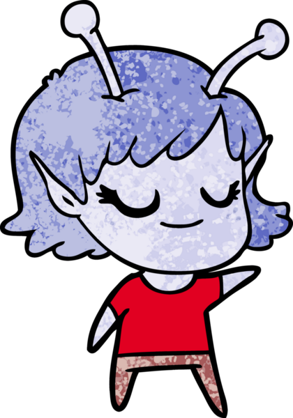 Bir insan tarafından çizilmiş gülümseyen uzaylı kız çizgi filmi.