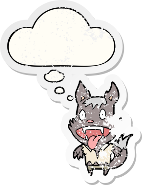 Düşünce baloncuğu olan karikatür kurtadam insan tarafından çizilmiş yıpranmış bir çıkartma.