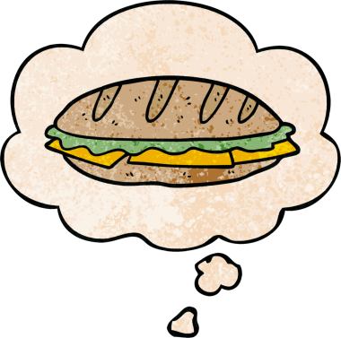 Bir insan tarafından çizilmiş grunge desenli düşünce baloncuklu peynirli sandviç.