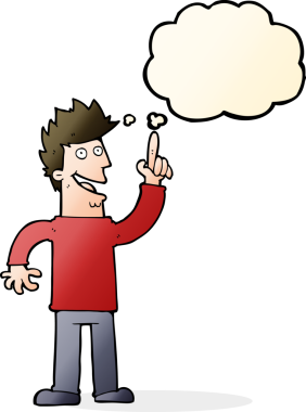 Bir insan tarafından çizilmiş düşünce baloncuğu olan yeni harika bir fikri olan çizgi film adamı.