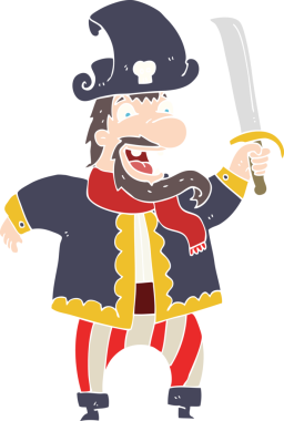 Bir insan tarafından çizilmiş gülen korsan kaptanın düz renkli çizimi