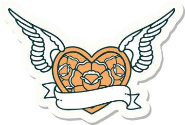 Geleneksel bir dövme stili. Uçan kalp. Çiçekler ve bir insan tarafından çizilmiş bayrak.