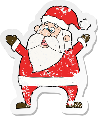 Bir insan tarafından çizilmiş neşeli bir Noel Baba karikatürünün gerilimli retro yapıştırması.