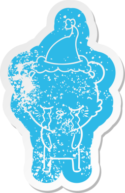 Ağlayan, garip çizgi film. Bir insan tarafından çizilmiş Noel Baba şapkası takan ayı etiketi.