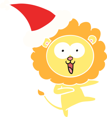 Bir insan tarafından çizilmiş Noel Baba şapkası takan bir aslanın düz renk çizimi.