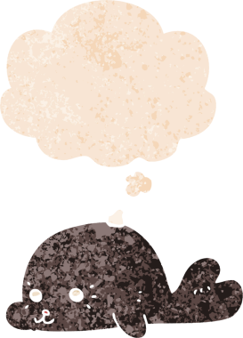 Düşünce baloncuklu karikatür bebek fok bir insan tarafından çizilmiş dertli retro desenli