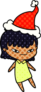 Bir insan tarafından çizilmiş Noel Baba şapkası giyen bir kadının el çizimi çizgi roman tarzı çizimi.