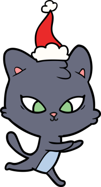 Bir insan tarafından çizilmiş Noel Baba şapkası takan bir kedi çizilmiş.