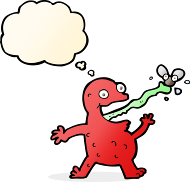 Bir insan tarafından çizilmiş düşünce baloncuğuyla sinek yakalayan kurbağa.