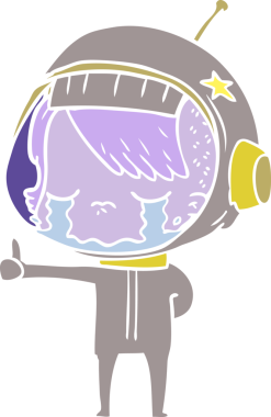 Düz renkli çizgi film ağlayan astronot kız bir insan tarafından çizilmiş baş parmak işareti yapıyor.