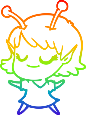 Bir insan tarafından çizilmiş gülümseyen uzaylı kız çizgi filmi.