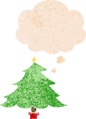 Düşünce baloncuğu olan karikatür noel ağacı grunge sıkıntılı retro dokuma tarzı bir insan tarafından çizilmiş