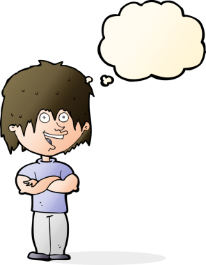 Bir insan tarafından çizilmiş düşünce balonlu mutlu adam çizgi filmi.