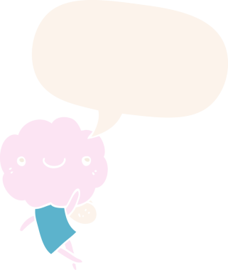 Retro tarzı konuşma balonu olan sevimli bulut kafalı yaratık bir insan tarafından çizilmiş.