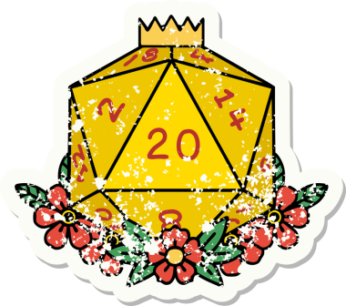 Bir insan tarafından çizilmiş çiçek elementleriyle 20 D20 zarının grunge sticker 'ı.
