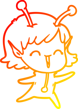 Bir insan tarafından çizilen gülen uzaylı bir kızın sıcak çizgi çizimi.