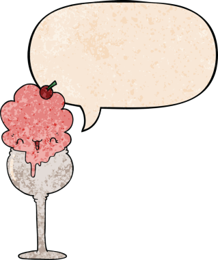 Tatlı karikatür dondurma çöl konuşma balonu ile retro doku bir insan tarafından çizilmiş