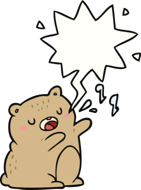 Çizgi film ayısı bir insan tarafından çizilmiş konuşma balonuyla şarkı söylüyor.