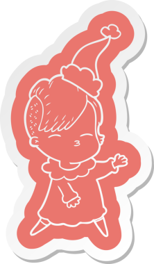 Bir insan tarafından çizilmiş Noel Baba şapkası giyen şaşı bir kızın garip çizgi film etiketi.