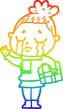 Gökkuşağı gradyan çizgisi, bir insan tarafından çizilmiş, ağlayan bir karikatür kadını çiziyor.