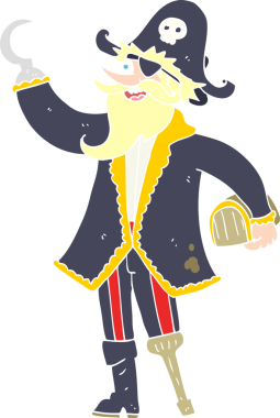 Bir insan tarafından çizilmiş korsan kaptanının düz renk çizimi