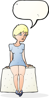 Bir insan tarafından çizilmiş konuşma baloncuğuyla oturan meraklı bir kadın.