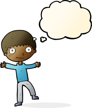 Bir insan tarafından çizilmiş düşünce balonu olan mutlu çocuk çizgi filmi.