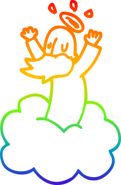 Gökkuşağı gradyan çizgi çizimi bir insan tarafından bulutların üzerine çizilmiş bir tanrı çizgi filmi.